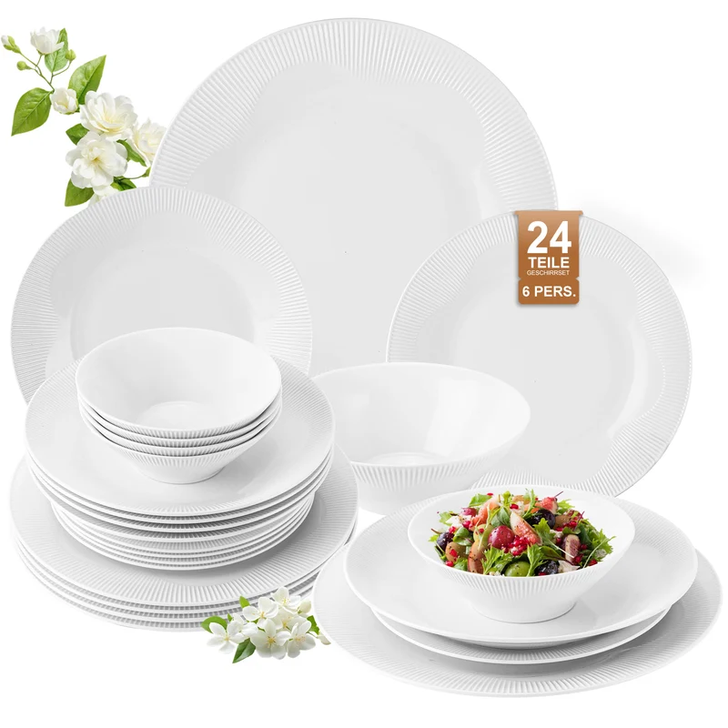 24-teiliges Keramik-Geschirrset für 6 Personen, spülmaschinenfest, modernes Rillendesign