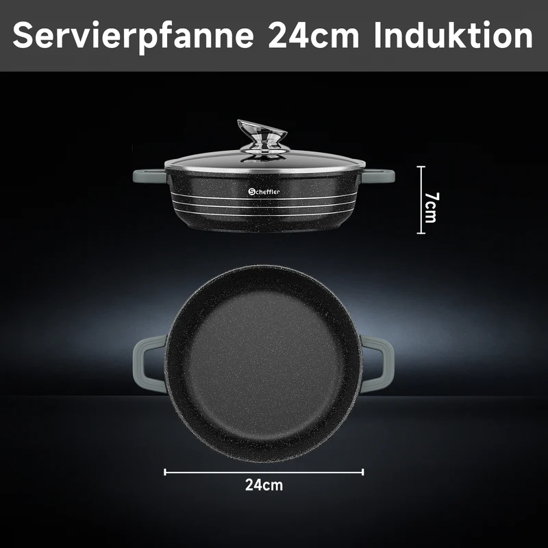 Scheffler Induktions-Servierpfanne aus Aluminiumguss mit marmorierter Antihaftbeschichtung, Glasdeckel und hitzebeständigem Silikongriff