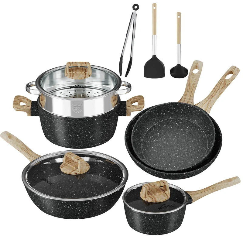 12-tlg Topf und Pfannen Set Topfset Induktion 12-teilige Kochtopf mit Glasdeckel Töpfe und Bratpfanne Set
