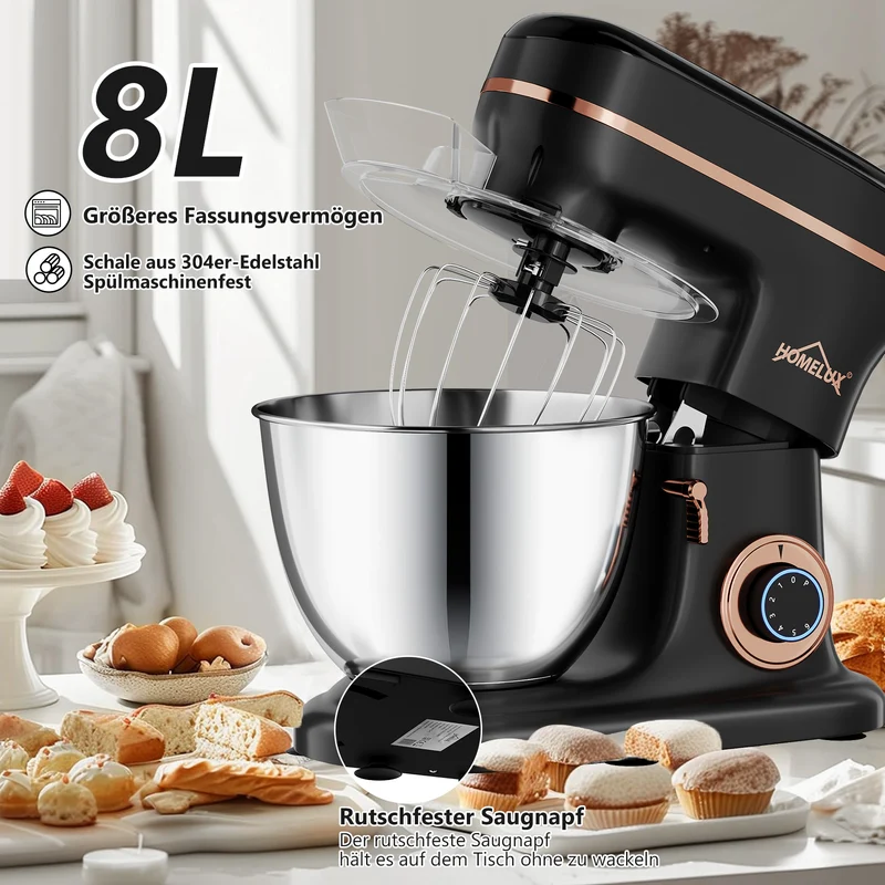 HOMELUX Knetmaschine 8L – 1800W, 6 Geschwindigkeiten, LED-Touchscreen, Edelstahl-Rührschüssel, leise & leistungsstark für Teig & mehr