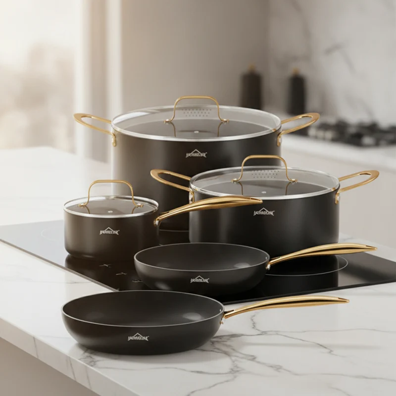 HOMELUX 8-teiliges Induktions-Topfset mit Glasdeckel Kochtöpfe und Pfannen für alle Herdarten in Schwarz