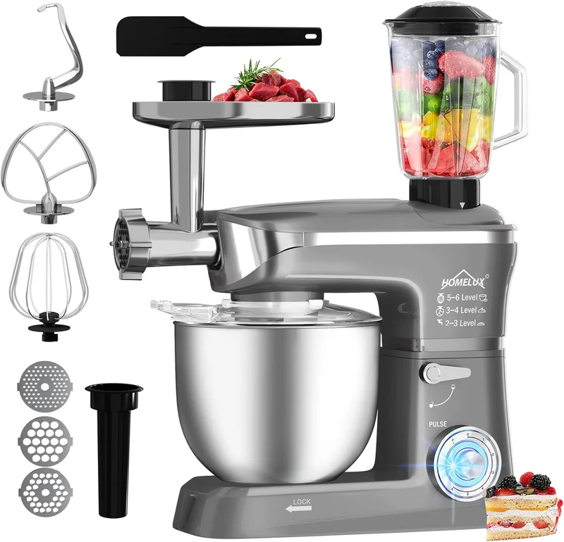 HOMELUX 3-in-1 Küchenmaschine 6L / 5L Fleischwolf, Knetmaschine, 6-stufiger Mixer, 1.5L Saftpresse, Edelstahlschüssel