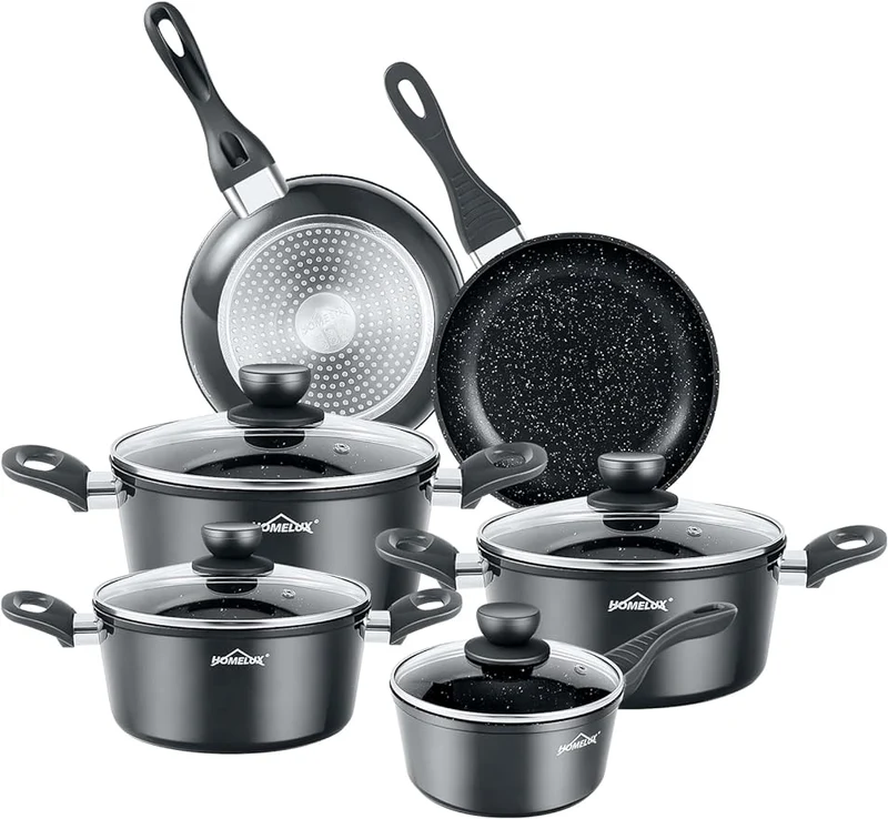 HOMELUX 10-teiliges Induktions-Töpfe-Set: Aluminiumguss-Kochgeschirr mit Antihaftbeschichtung, Deckeln, PFOA-frei. Für alle Herdarten, inkl Grau