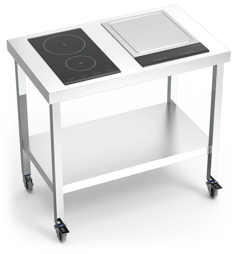 Cuisinière inox professionnelle induction 2 foyers + Teppan Yaki. Table inox cuisson induction.