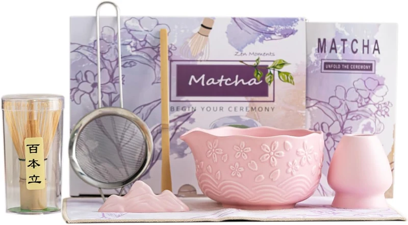 Japanisches Rosa Matcha-Set, 7-teilig – Premium Keramikset für die traditionelle Teezeremonie