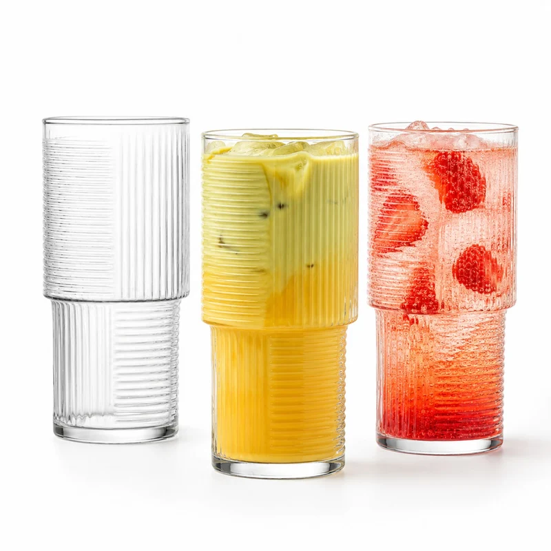 Vienberg Geometri Trinkgläser 515 ml, geriffelte Matcha Gläser für Eiskaffee, Cocktails, Säfte und Wasser, stapelbar, 3er oder 6er Set