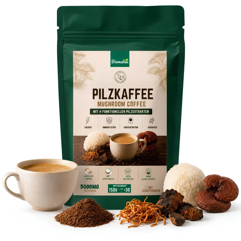 Biomatea Pilzkaffee Mushroom Coffee 150g | Löslicher Kaffee mit Kokosmilch & 4 Pilzextrakten