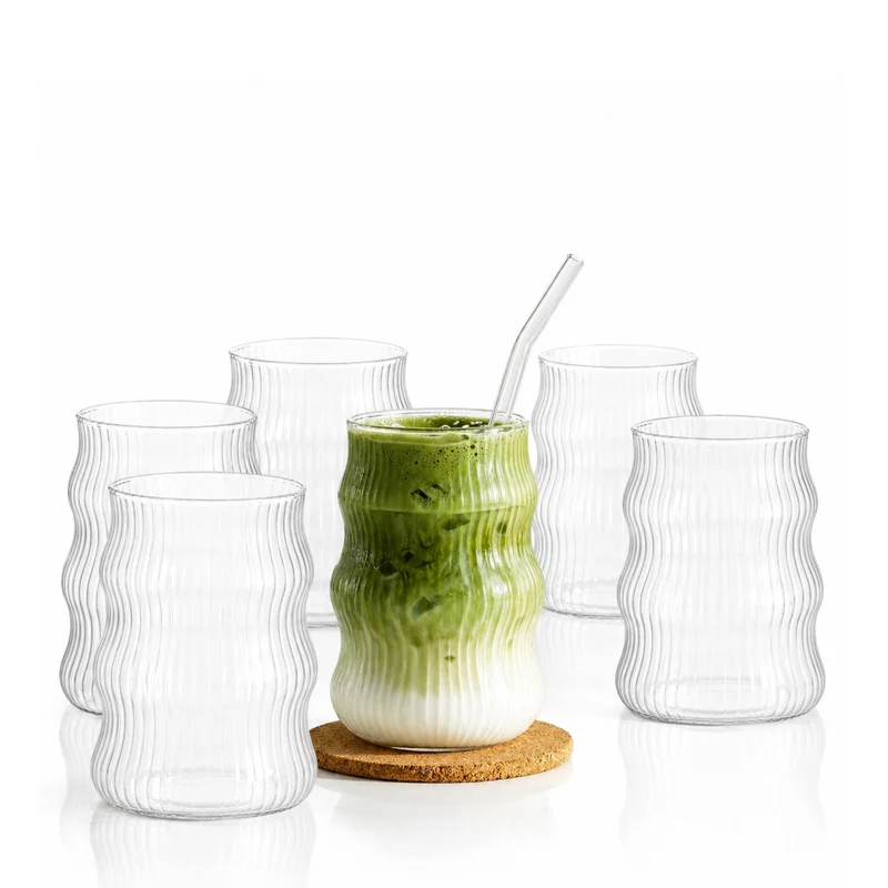 Ripple Matcha-Gläser 6er Set 400ml | Wellen-Design für Matcha Latte Glas, Iced Coffee & Smoothies Trinkgläser