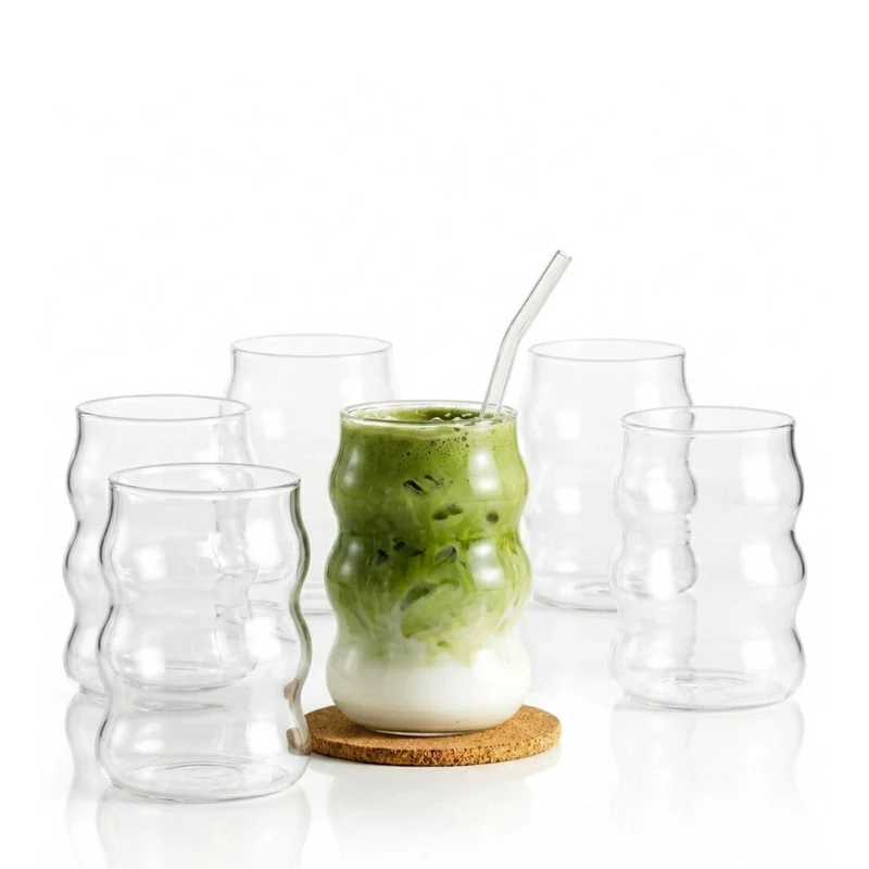 Bubble Matcha-Gläser 6er Set 400ml | Wellen-Design für Matcha Latte Glas, Iced Coffee & Smoothies Trinkgläser