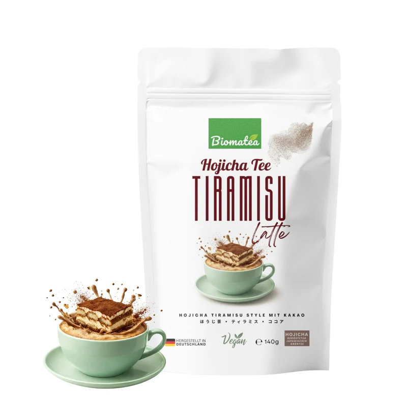 Biomatea Hojicha Tiramisu Latte Pulver – Cremiger Dessert Latte ohne Kaffee – Japanischer Hojicha Grüntee, vegan & glutenfrei, 140g