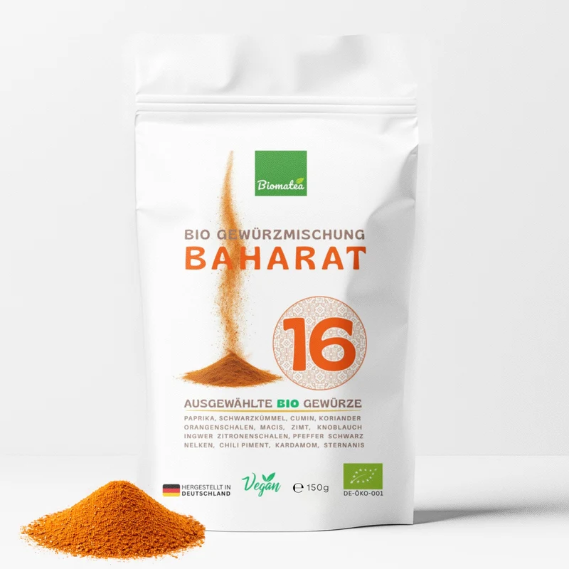 Bio Baharat Gewürzmischung – Orientalische 16 Gewürze Komposition – Made in Germany – Fein gemahlenes Premium Gewürzpulver, 150g