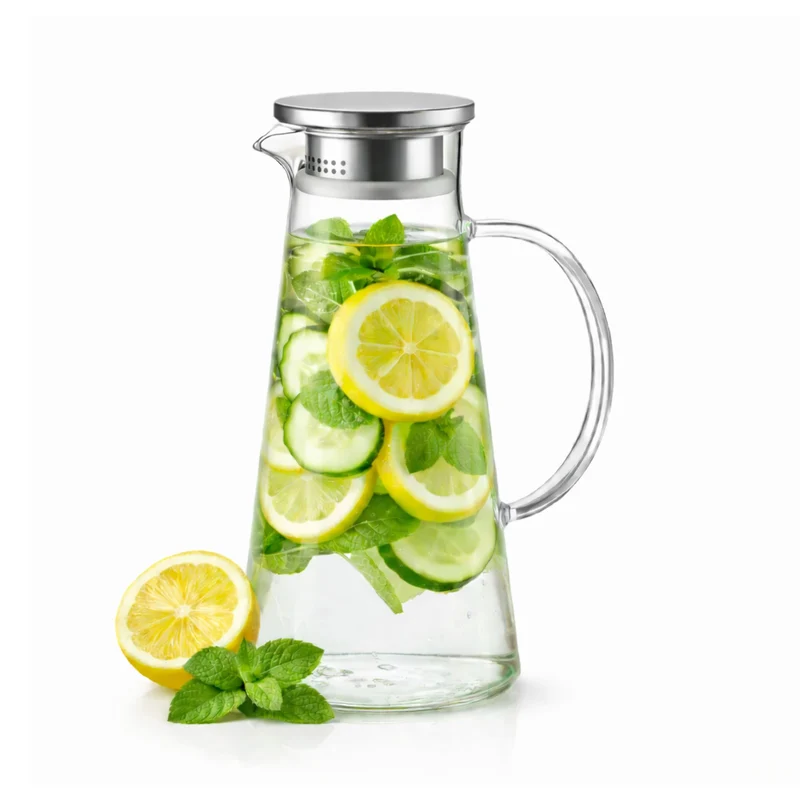 Rhein Glaskaraffe 1,8L aus Borosilikatglas mit Edelstahl-Deckel & Filter – Wasserkaraffe, Wasserkrug, Weinkaraffe, Hitzebeständig