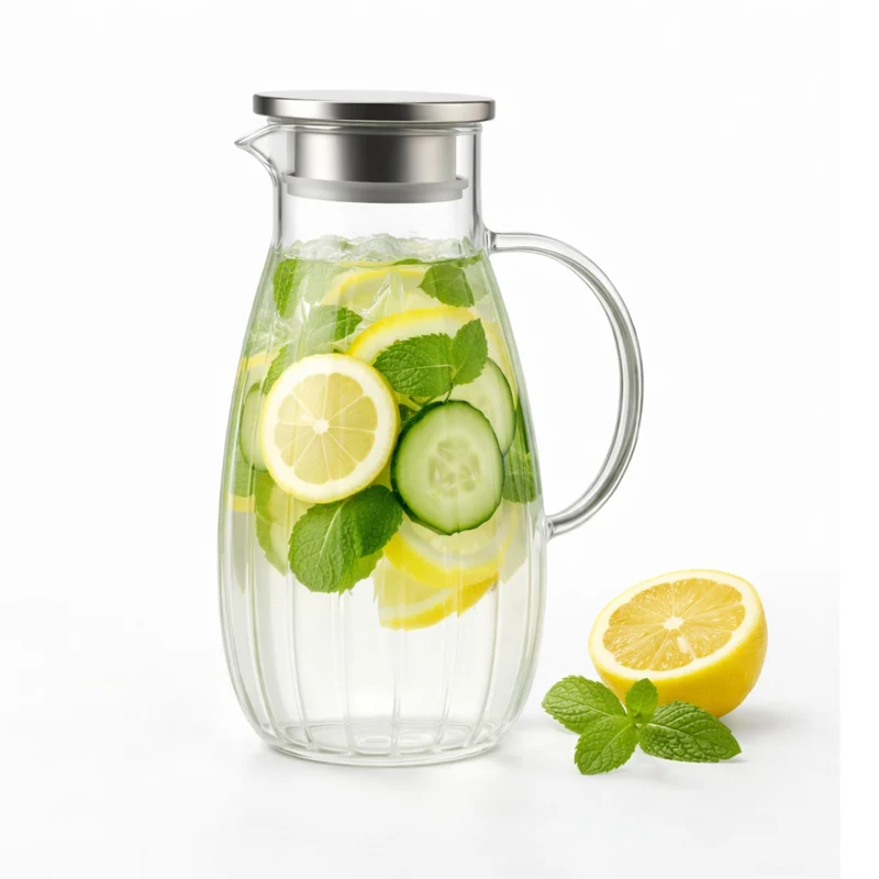 Aqua Glaskaraffe 1,8L aus Borosilikatglas mit Edelstahl-Deckel & Filter – Wasserkaraffe, Wasserkrug, Weinkaraffe, Hitzebeständig