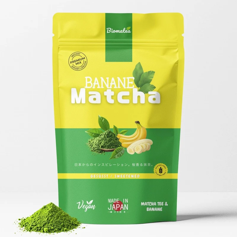 Japanischer Matcha Pulver mit Bananen Pulver, gesüßt – 100g – Sofort löslich in Wasser oder Milch, trinkfertig