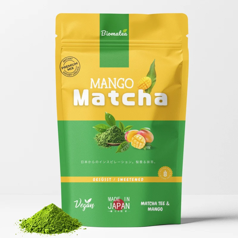 Japanischer Matcha Pulver mit Mango Pulver, gesüßt – 100g – Sofort löslich in Wasser oder Milch, trinkfertig