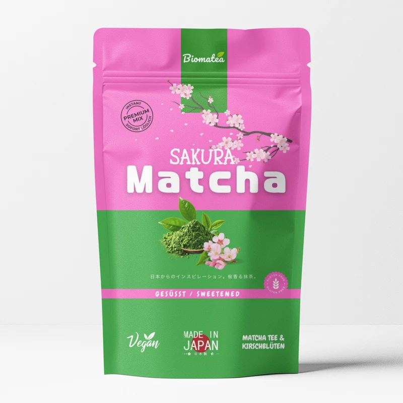 Japanischer Matcha Pulver mit Sakura Kirschblüten, gesüßt – 100g – Sofort löslich in Wasser oder Milch, trinkfertig