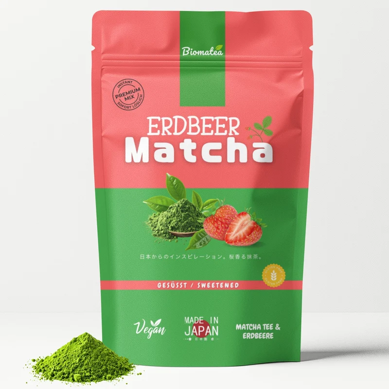 Japanischer Matcha Pulver mit Erdbeer, gesüßt – 100g – Sofort löslich in Wasser oder Milch, trinkfertig