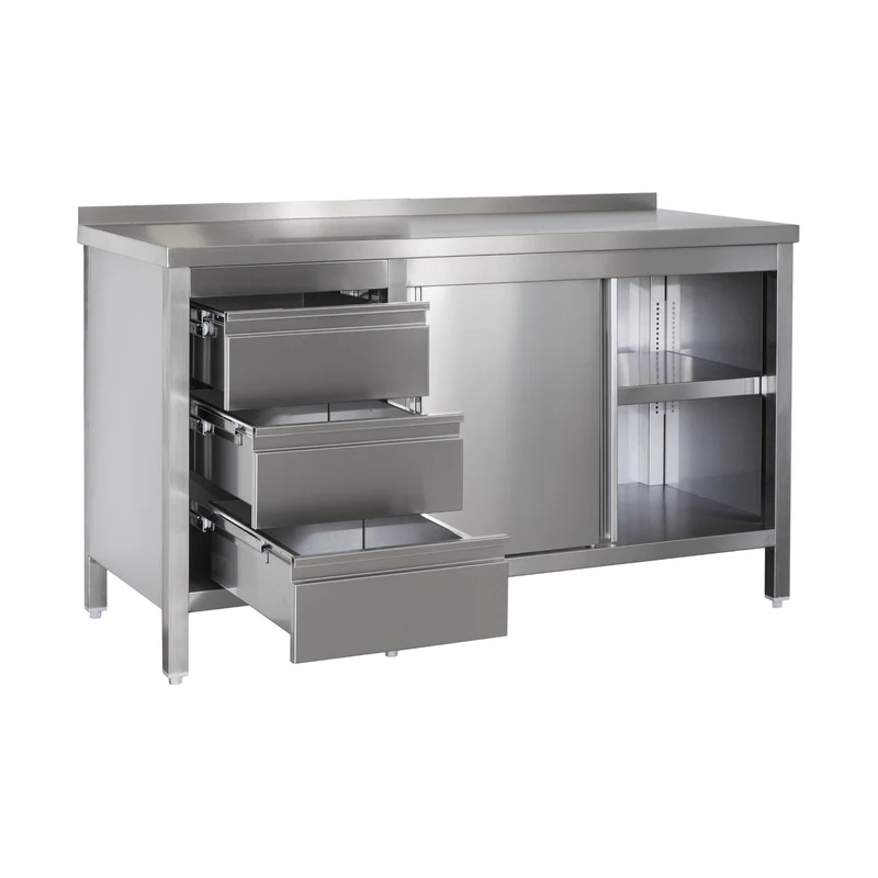 Edelstahl Arbeitsschrank mit Aufkantung, Schubladenblock links, Türen und höhenverstellbaren Zwischenboden – Bautiefe 800mm – AISI 304 – Breite 2300 mm