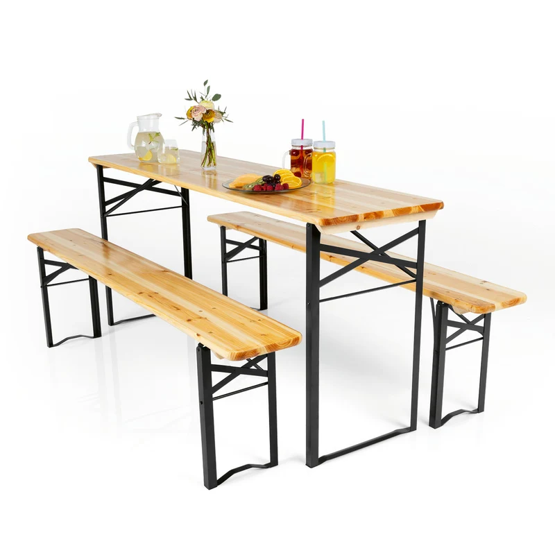 EASYmaxx Bierzeltgarnitur Set (1 Tisch mit 2 Sitzbänken) - 170 cm - holzfarben/schwarz