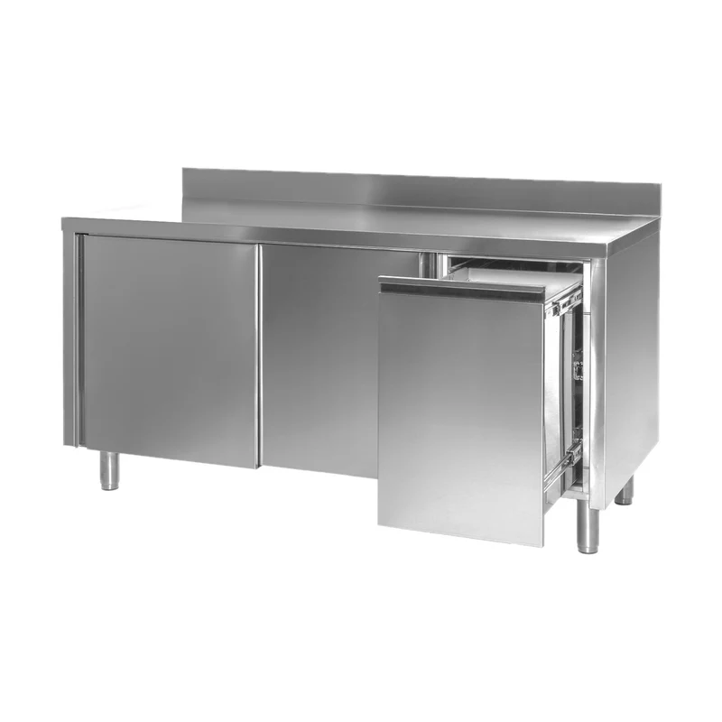 Arbeitsschrank mit Abfallbehälter rechts, mit Aufkantung, Bautiefe 700 mm – 1400x700x850 mm