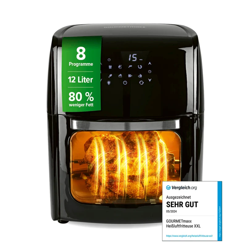 GOURMETmaxx Heißluftfritteuse 12 l - XXL-Ofen + Touchdisplay, Drehspieß - 1800 W