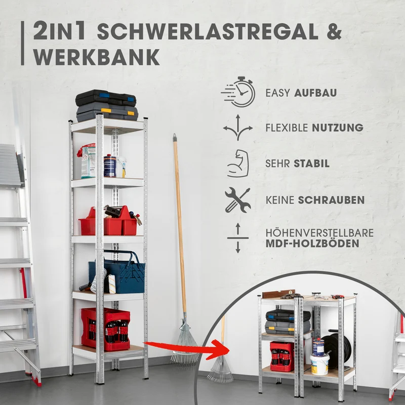 EASYmaxx 2 in 1 Schwerlastregal & Werkbank, 180 x 40 x 40 cm - 875 kg Traglast, 175 kg pro Ebene