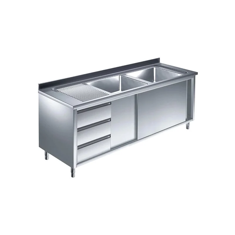Spülschrank mit Schubladenblock, 2 Becken rechts, Bautiefe 700 mm – 1800x700x850 mm