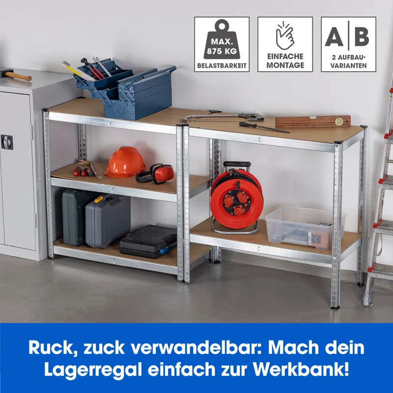 EASYmaxx Schwerlastregal & Werkbank 2er-Set - 180 x 90 x 40 cm - 1750kg Traglast, 175kg pro Ebene