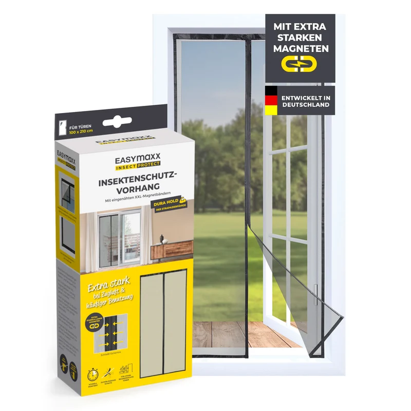 EASYmaxx Insect Protect Insektenschutzvorhang mit eingenähten XXL-Magnetbändern - 100 x 210 cm - Schwarz
