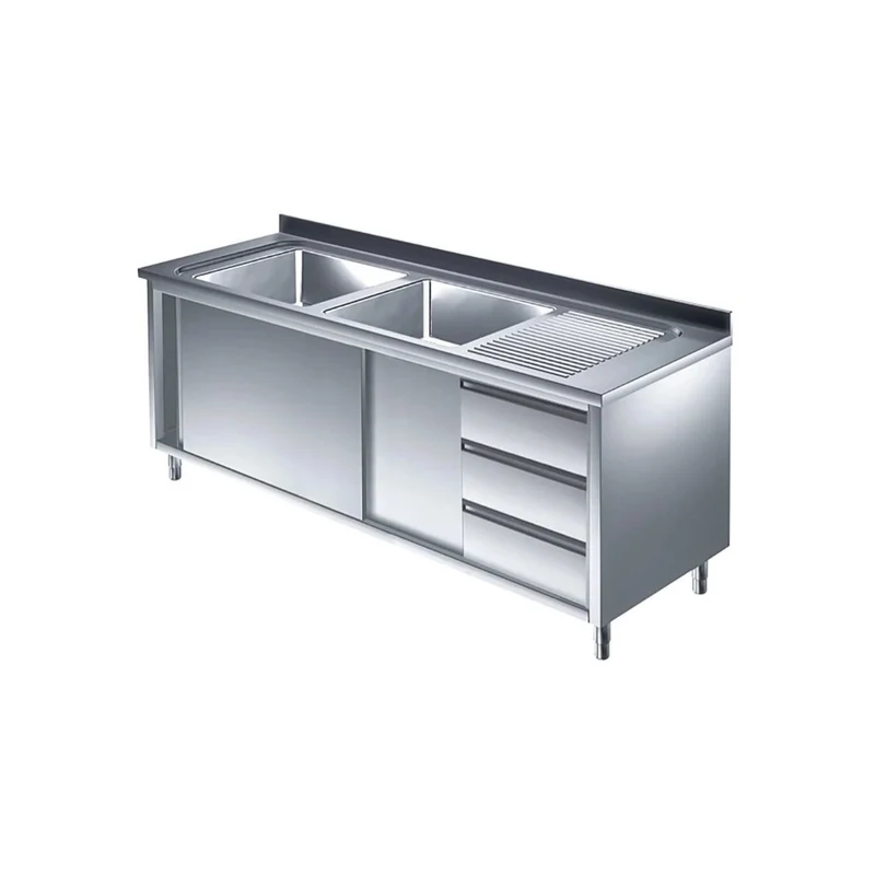 Spülschrank mit Schubladenblock, 2 Becken links, Bautiefe 700 mm – 1400x700x850 mm