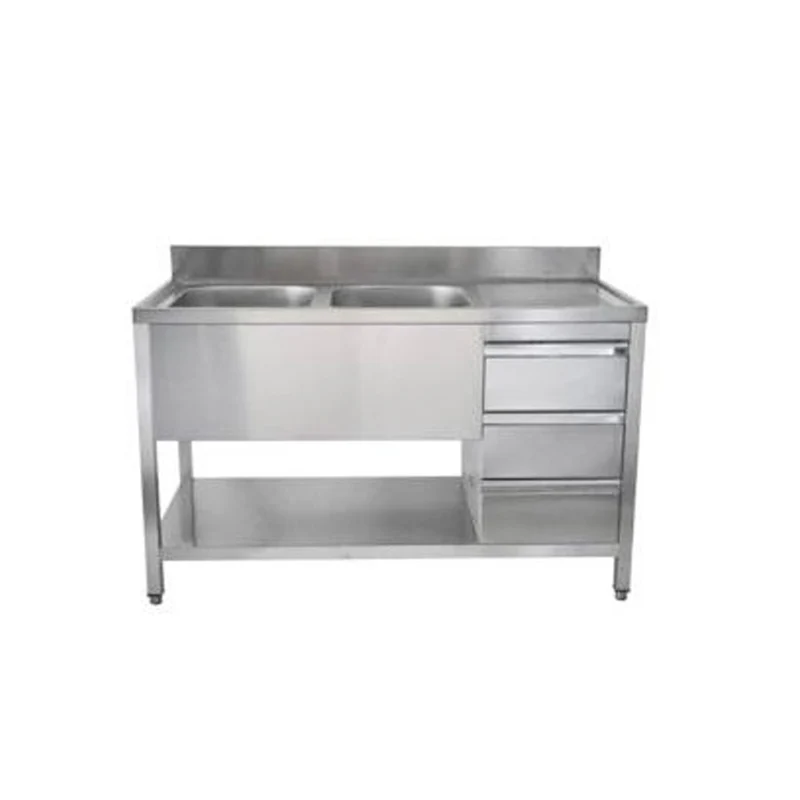 Spültisch mit Schubladenblock, 2 Becken links, Bautiefe 600 mm – 1500x600x850 mm