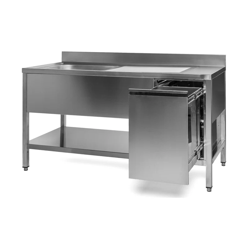 Spültisch mit Abfallbehälter, 1 Becken links, Bautiefe 700 mm – 1500x700x850 mm