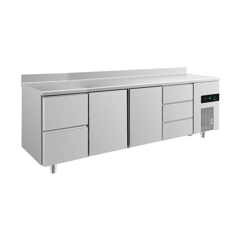 Kühltisch -2 bis +8°C 2330x700x850mm mit 2x Türen, 1x zwei Schubladen und 1x 3 Schubladen u. Aufkantung – Art.-Nr. KT4ZTTDA