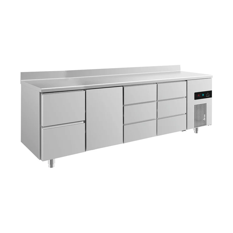 Kühltisch -2 bis +8°C 2330x700x850mm mit 1x Tür, 1x zwei Schubladen und 2x 3 Schubladen u. Aufkantung – Art.-Nr. KT4ZTDDA
