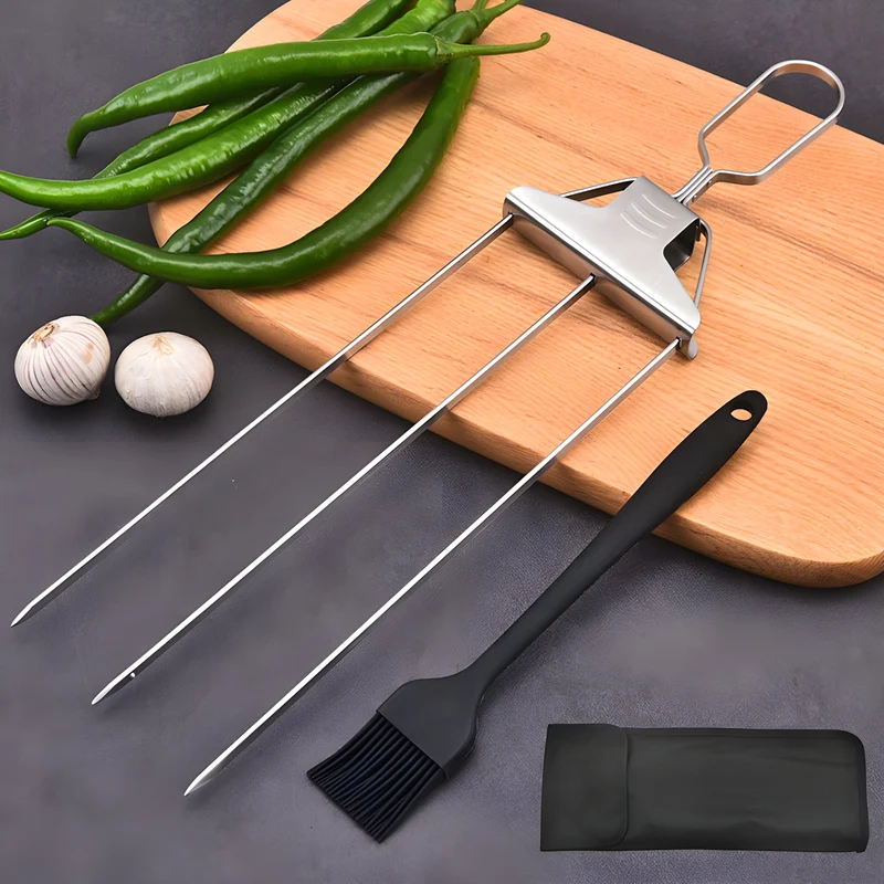 3-in-1 Grillspieße aus Edelstahl | gleichmäßiges Garen ohne Drehen | Food-Release System | inkl. Tasche & Silikonpinsel