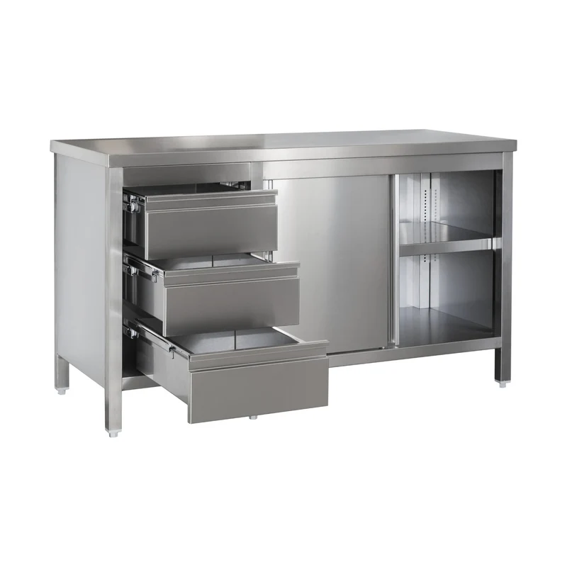 Edelstahl Arbeitsschrank mit Schubladenblock links. Türen und höhenverstellbaren Zwischenboden – Bautiefe 800mm – AISI 304 – Breite 1500 mm