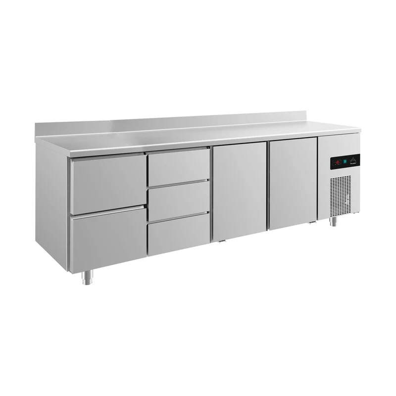 Kühltisch -2 bis +8°C 2330x700x850mm mit 2x Türen, 1x zwei Schubladen und 1x 3 Schubladen u. Aufkantung – Art.-Nr. KT4ZDTTA