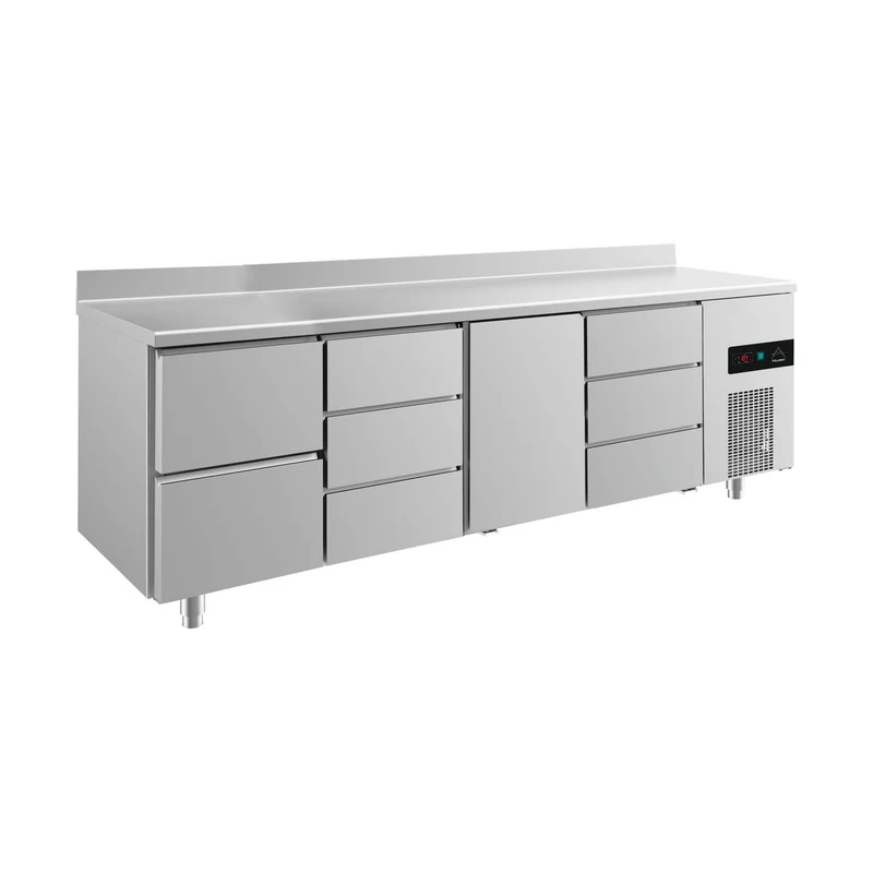 Kühltisch -2 bis +8°C 2330x700x850mm mit 1x Tür, 1x zwei Schubladen und 2x drei Schubladen u. Aufkantung