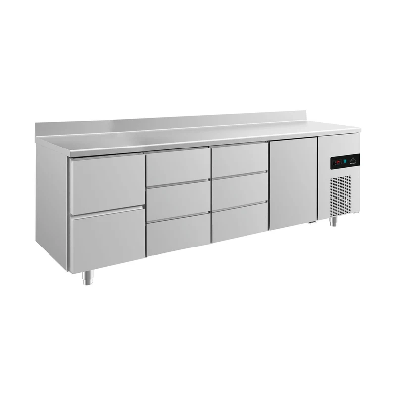 Kühltisch -2 bis +8°C 2330x700x850mm mit 1x Tür, 1x zwei Schubladen und 2x 3 Schubladen u. Aufkantung – Art.-Nr. KT4ZDDTA