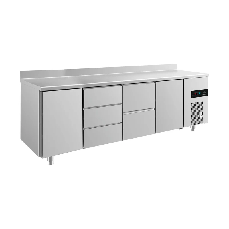 Kühltisch -2 bis +8°C 2330x700x850mm mit 2x Türen, 1x zwei Schubladen und 1x 3 Schubladen u. Aufkantung – Art.-Nr. KT4TDZTA