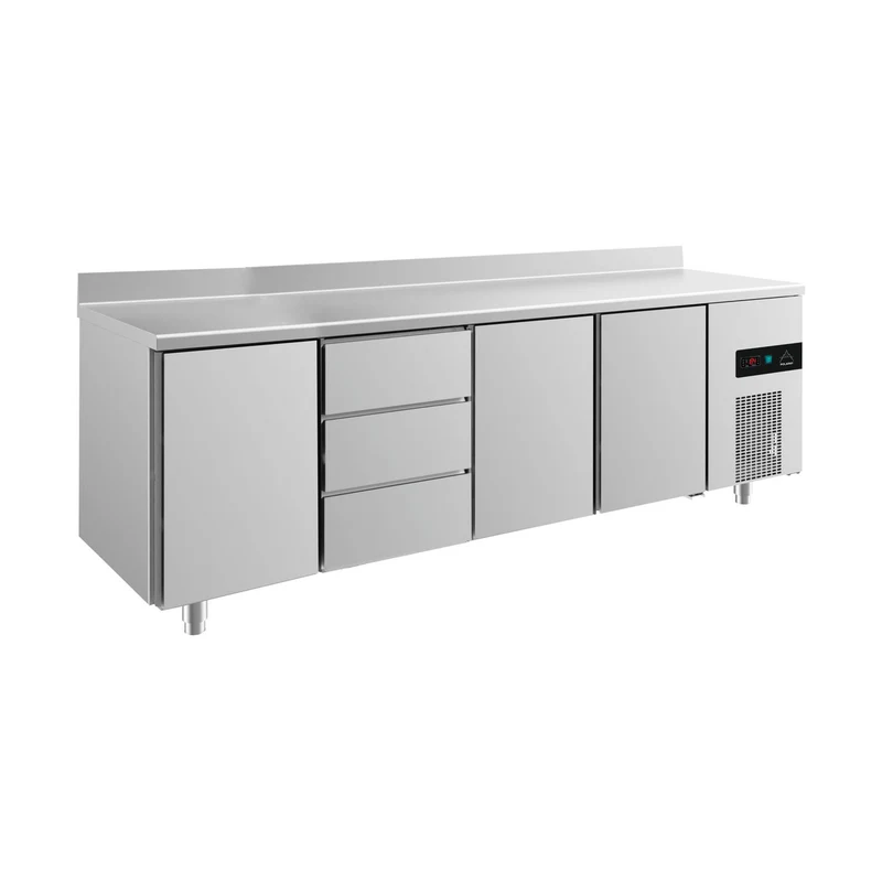 Kühltisch -2 bis +8°C 2330x700x850mm mit 3x Türen und 1x drei Schubladen u. Aufkantung – Art.-Nr. KT4TDTTA