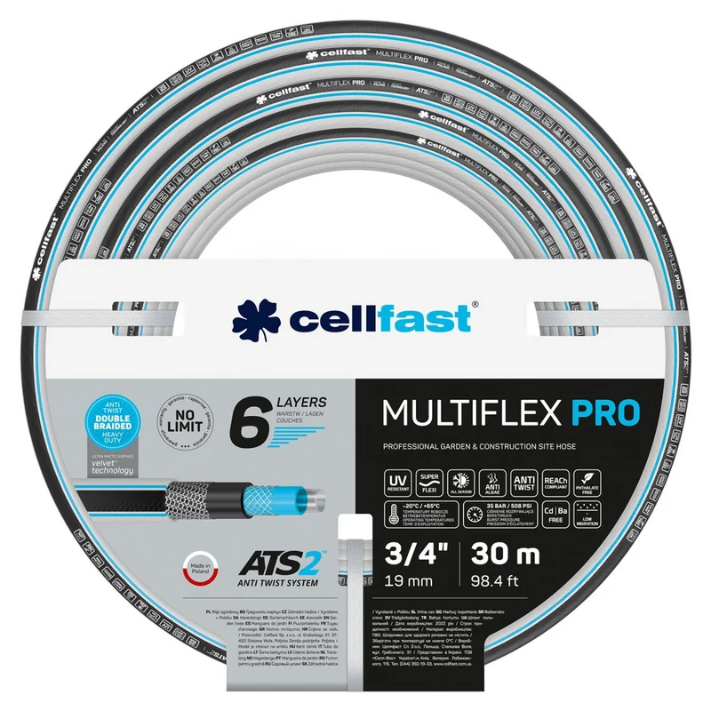 Cellfast MULTIFLEX ATSV 6-lagiger Schlauch Gartenschlauch Doppelter Kreuz- und Trikotgewebe ATS2™ Resistent gegen UV-Strahlen und Algenbildung 35 Bar 3/4" 30 m