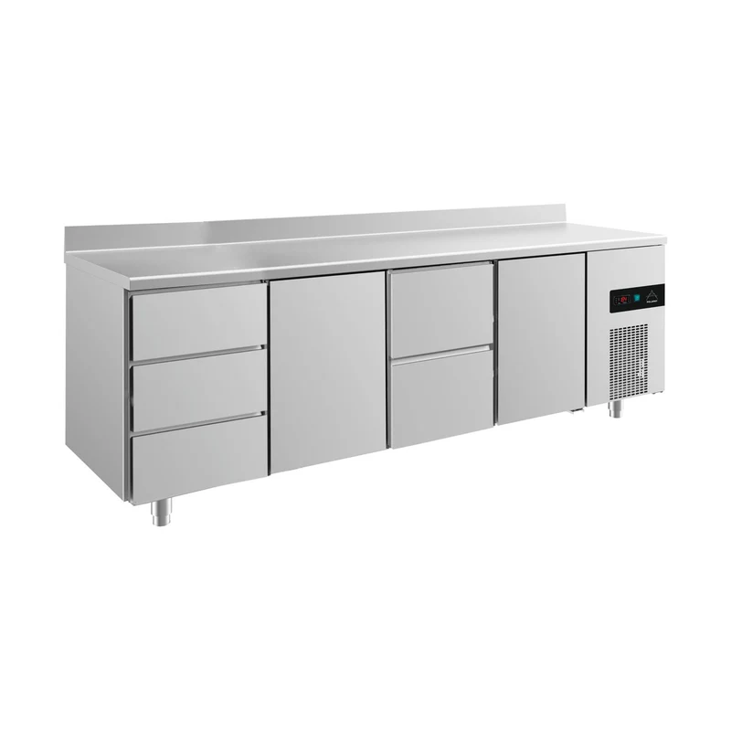 Kühltisch -2 bis +8°C 2330x700x850mm mit 2x Türen, 1x zwei Schubladen und 1x 3 Schubladen u. Aufkantung – Art.-Nr. KT4DTZTA
