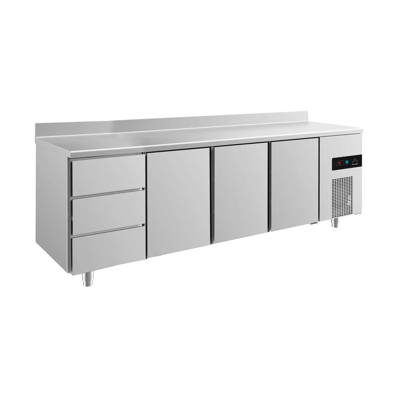 Kühltisch -2 bis +8°C 2330x700x850mm mit 3x Tür und 2x drei Schubladen u. Aufkantung