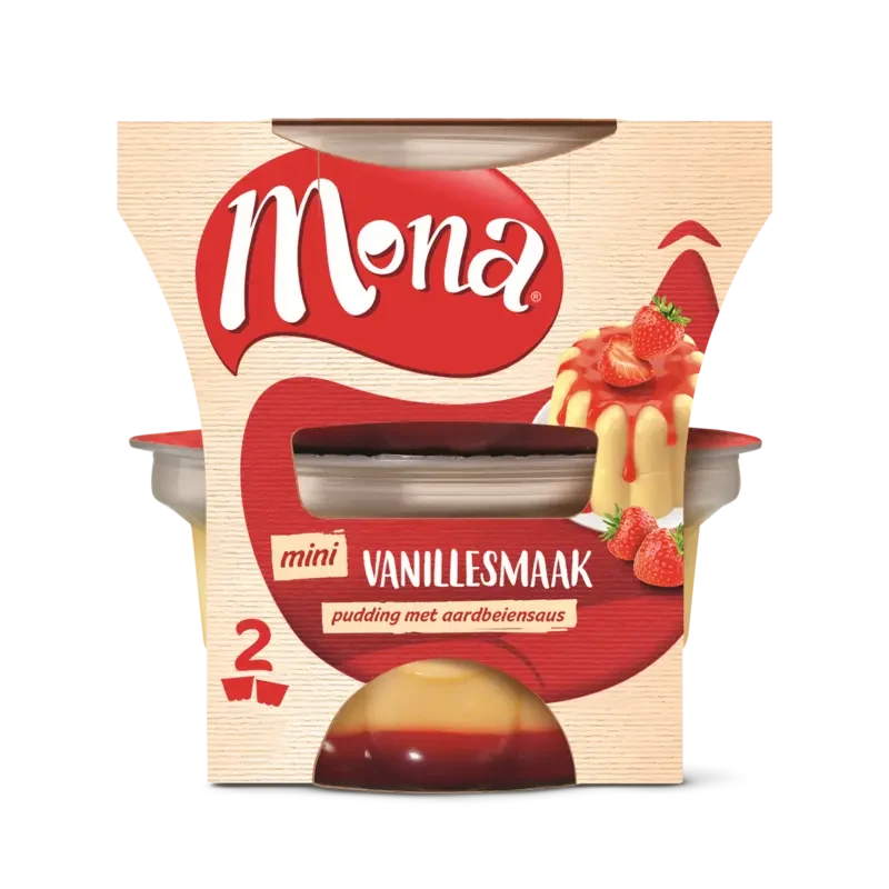 Mona Pudding vanille met aardbeiensaus duo