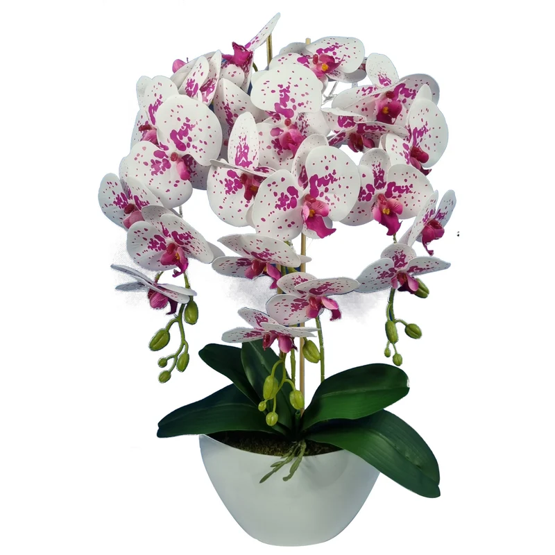 Damich Künstliche Orchidee im Blumentopf Pflanze Künstliche Blume Kunstorchidee Dekoration 3-Blütenzweige Höhe ca. 60cm (Weiß/Rot)