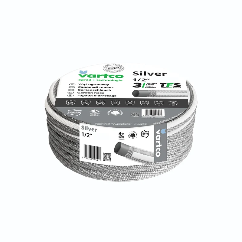 Vartco Silver TFS 3-lagiger Gartenschlauch Wasserschlauch Flexibel Anti Twist Schlauch Gartenbewässerung Flexischlauch UV-beständig 25 Bar 1/2" 30m