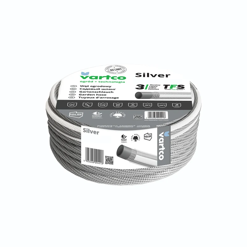Vartco Silver TFS 3-lagiger Gartenschlauch Wasserschlauch Flexibel Anti Twist Schlauch Gartenbewässerung Flexischlauch UV-beständig 25 Bar 3/4" 50m