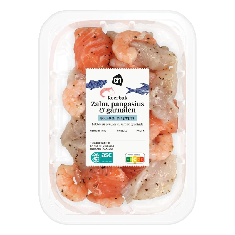 Roerbak zalm pangasius garnalen zeezout