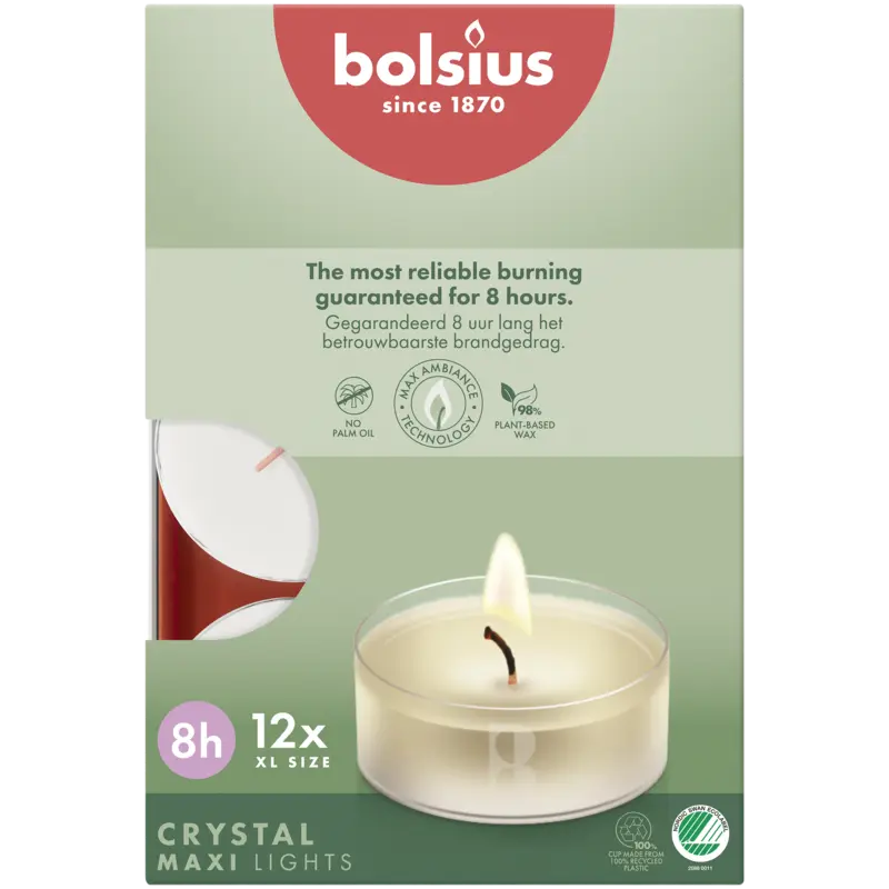 Bolsius Maxi waxinelichtje clear cup 8 branduren